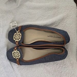 Christian Siriano denim flats with brown trim and gold embellishments. 13 wide